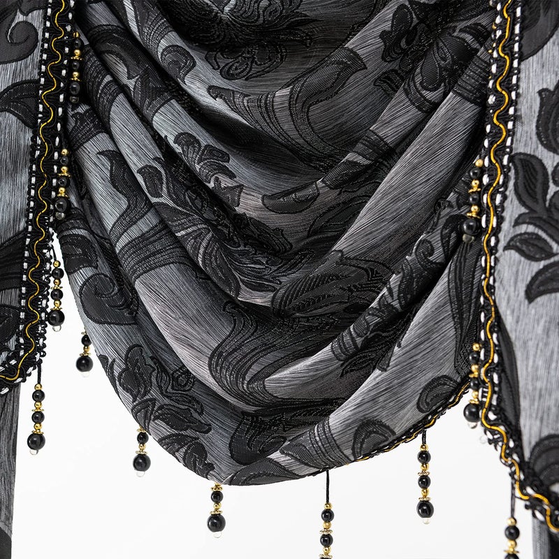 NAPEARL Jabot Curtains Valances and Swags-European Style Kitchen Window Valance, Luxury Jacquard Waterfall Valance Curtains for Living Room (1 Black Valance, 81-Inch Wide) - Image 4